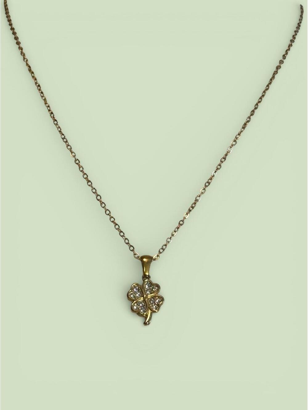 Gold Tone Four Leaf Clover Pendant Necklace with Rhinestones